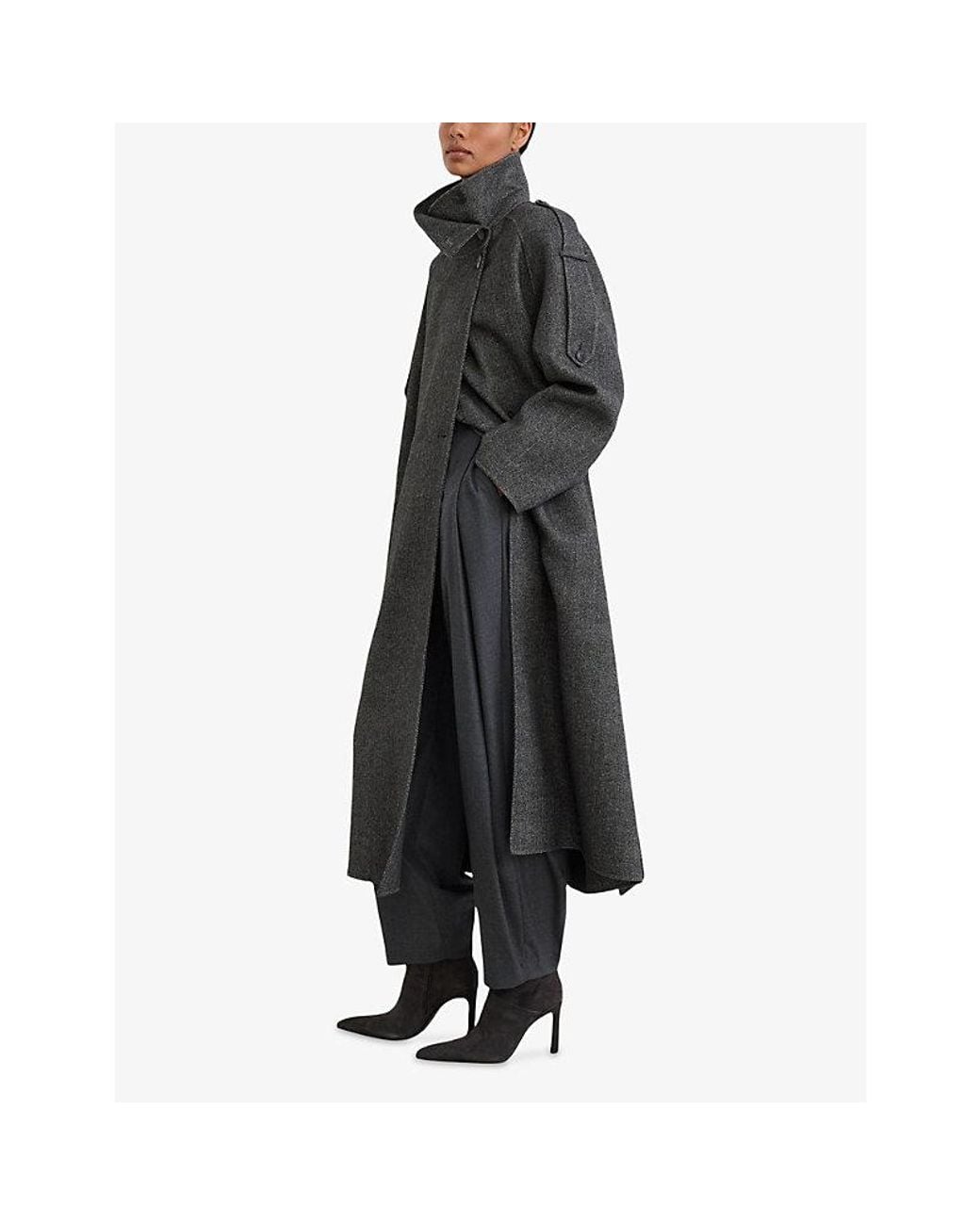 Reiss Black Martina Funnel-Neck Wool-Blend Coat