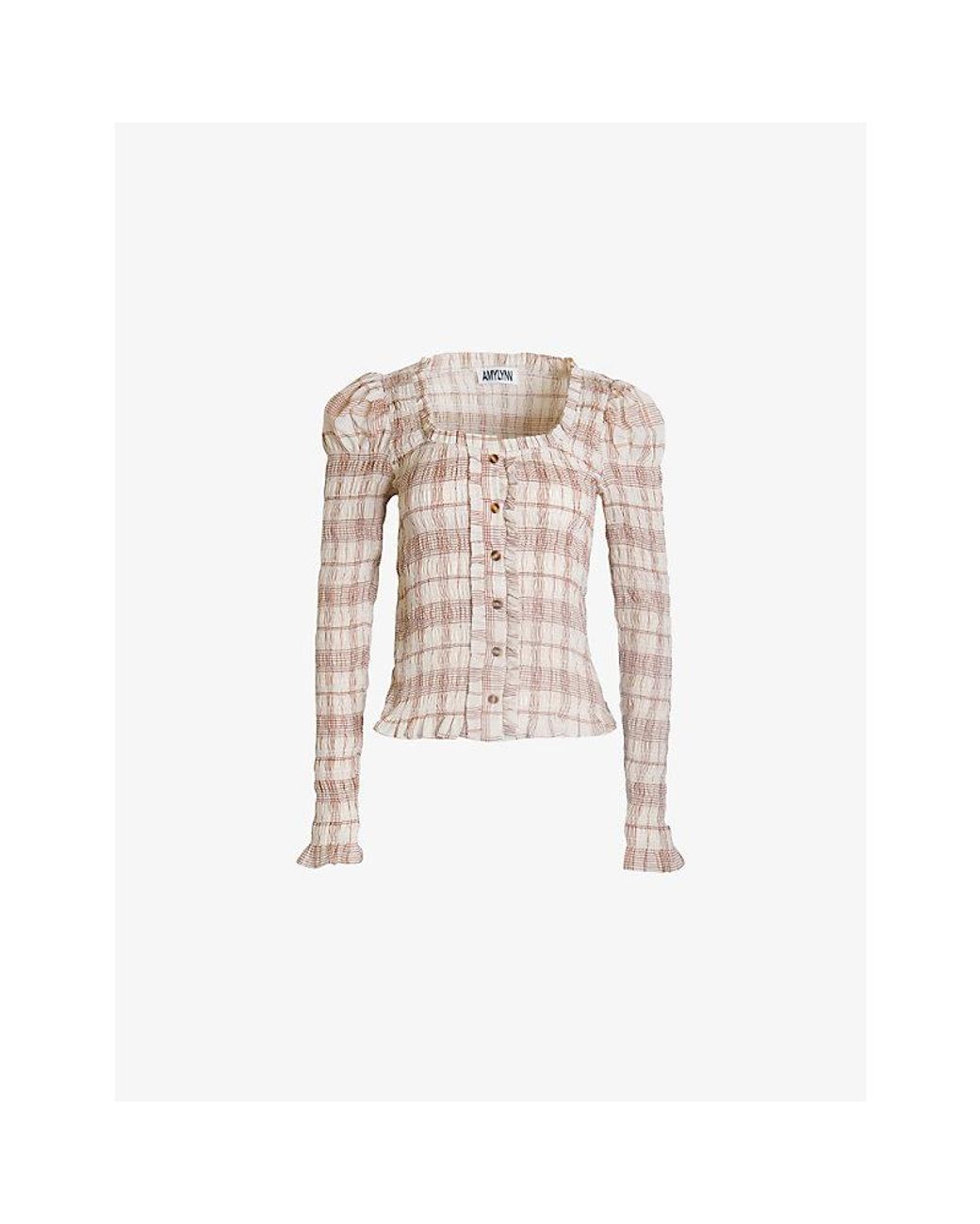 Amy Lynn White Maisie Checkered Smocked Cotton Blouse