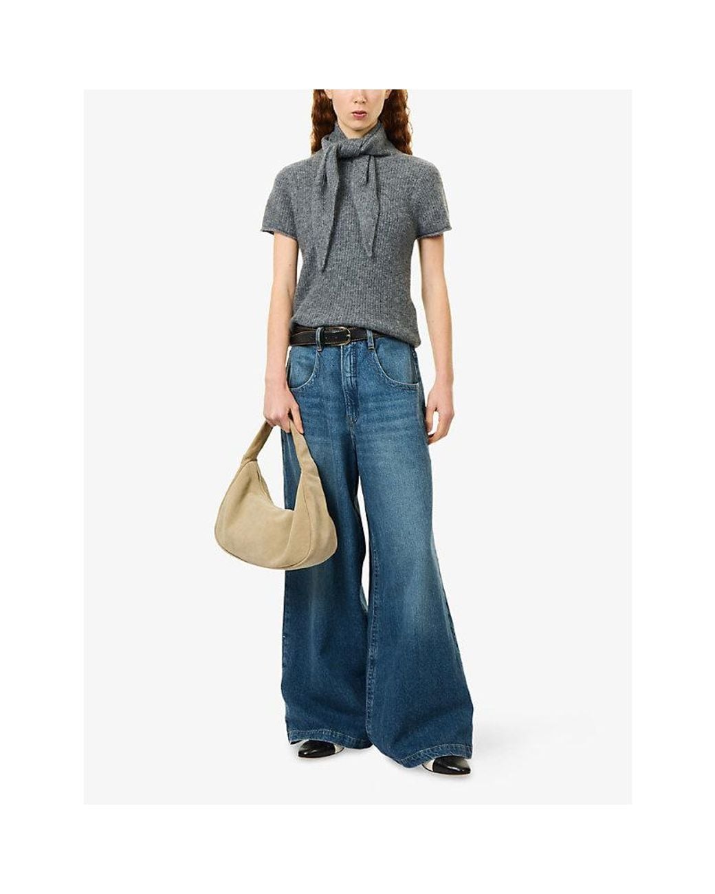 ME+EM Gray Detachable-Scarf Zip Alpaca-Blend Top
