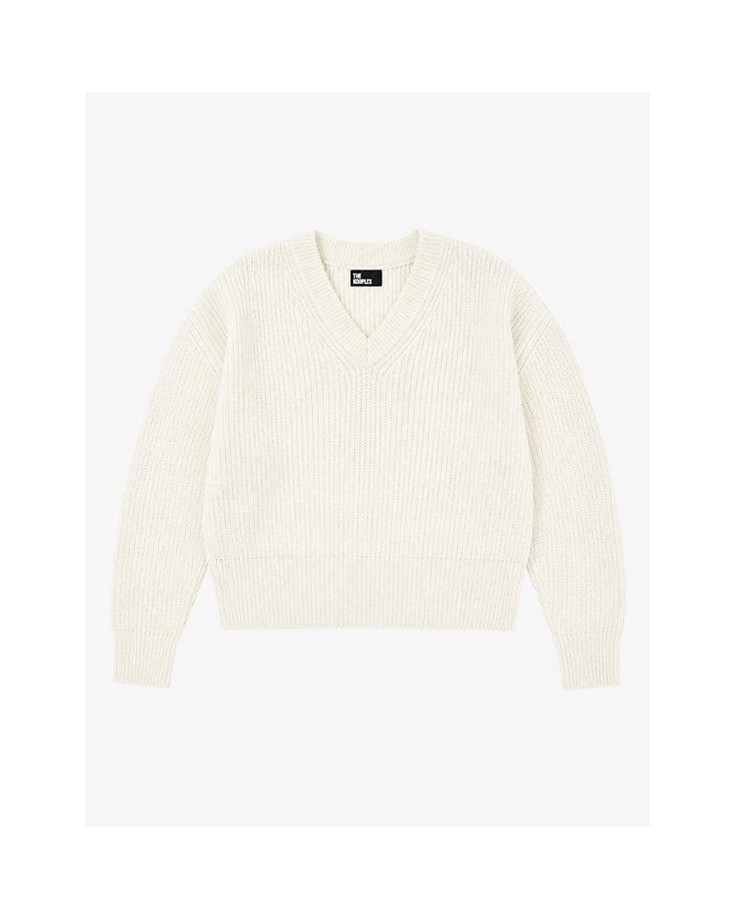 The Kooples White Ribbed V-Neck Wool Jumper