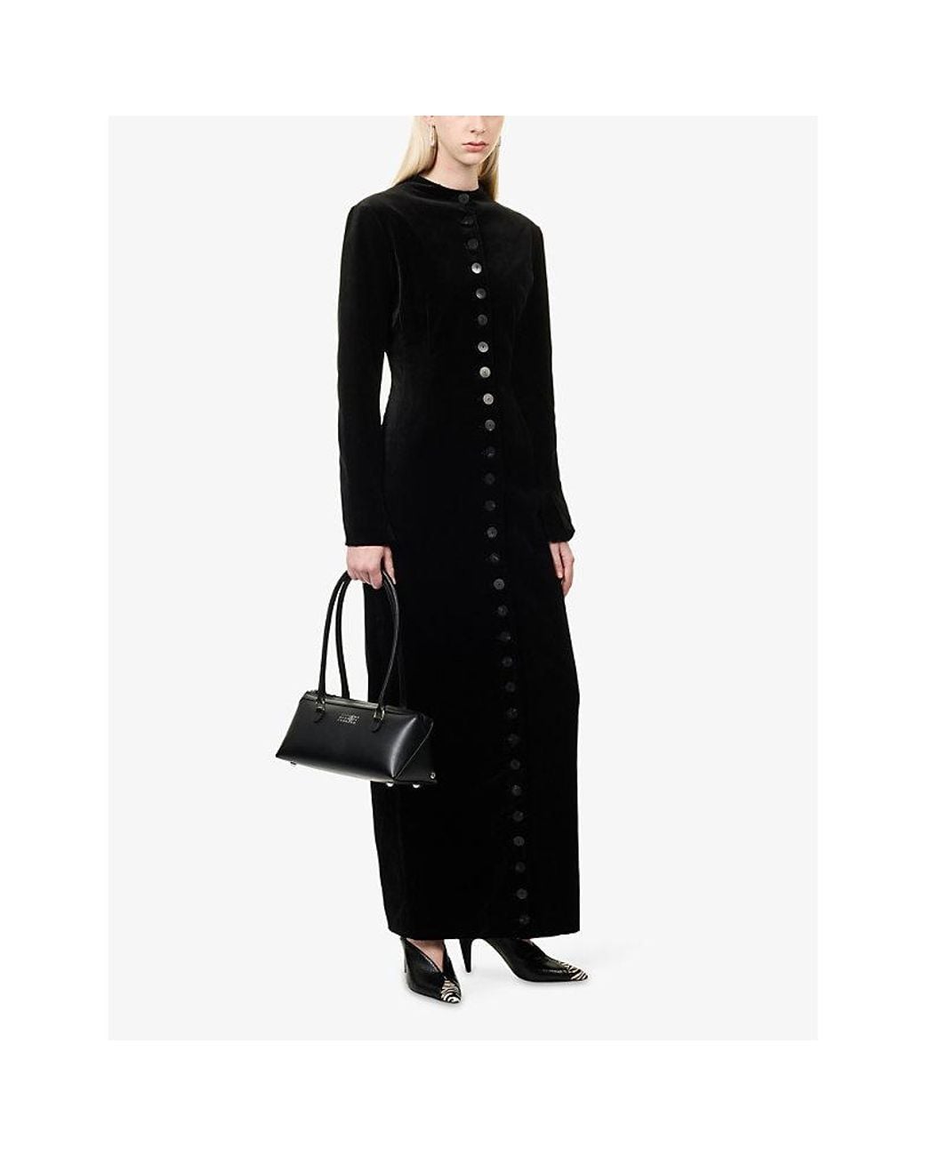 A.W.A.K.E. MODE Black Fitted Button Velvet Maxi Dress