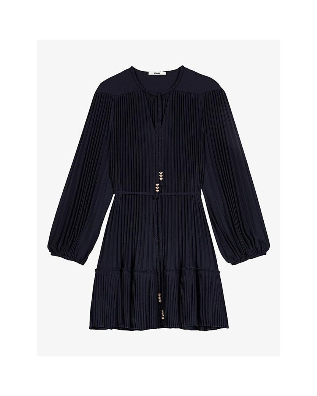 Maje Blue Pleated Blouson-Sleeve Woven Mini Dress