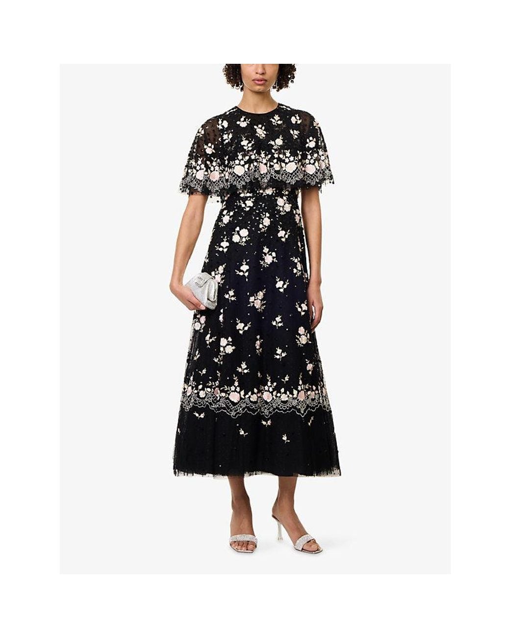 Needle & Thread Black Henrietta Sequin Scallop Cape Ankle Gown