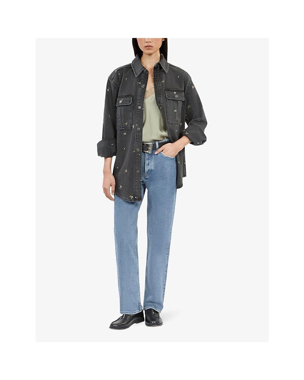 The Kooples Gray Flower-Embroidered Relaxed-Fit Denim Shirt
