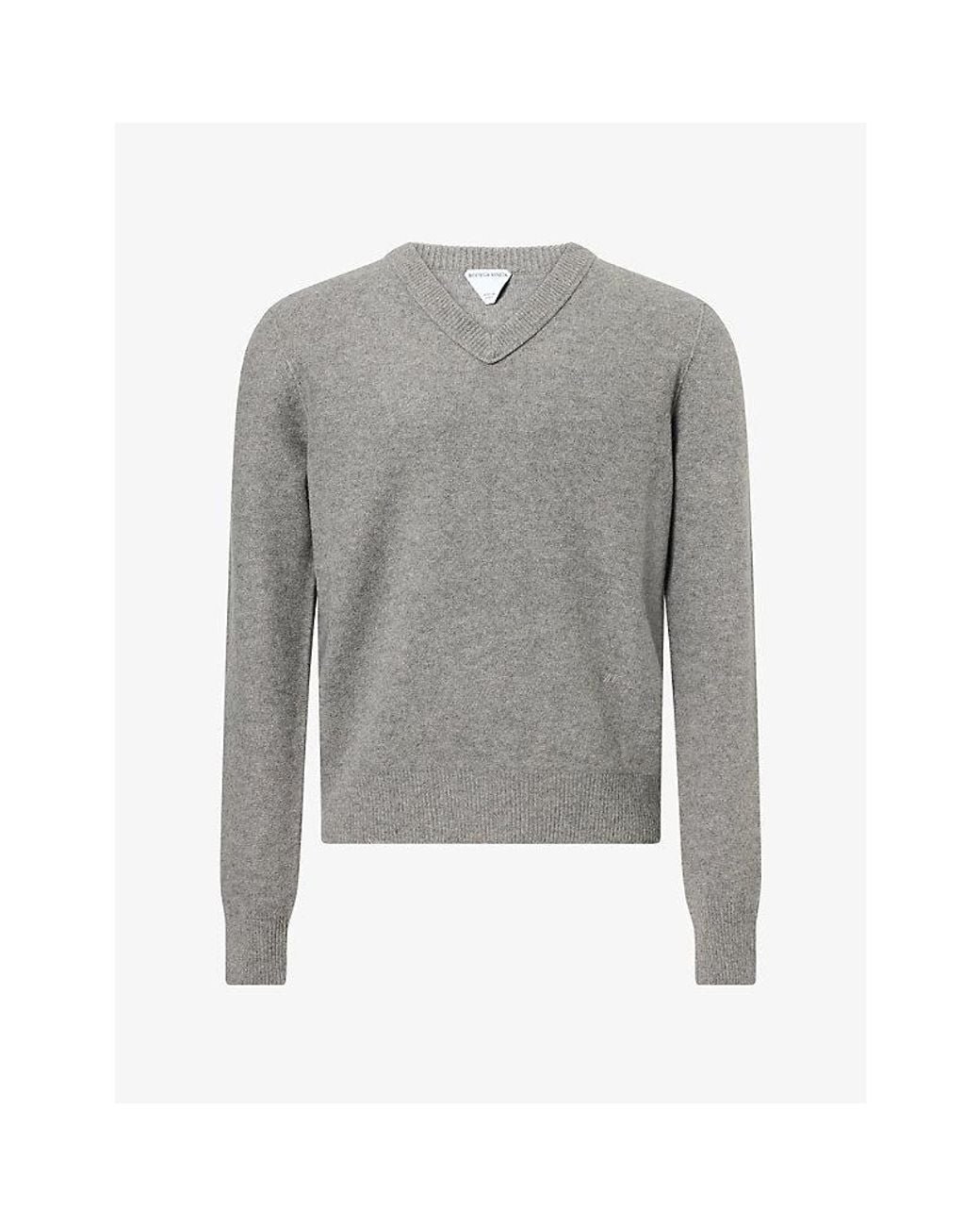 Bottega Veneta Gray Embroidered-Logo V-Veck Wool And Cashmere Jumper for men