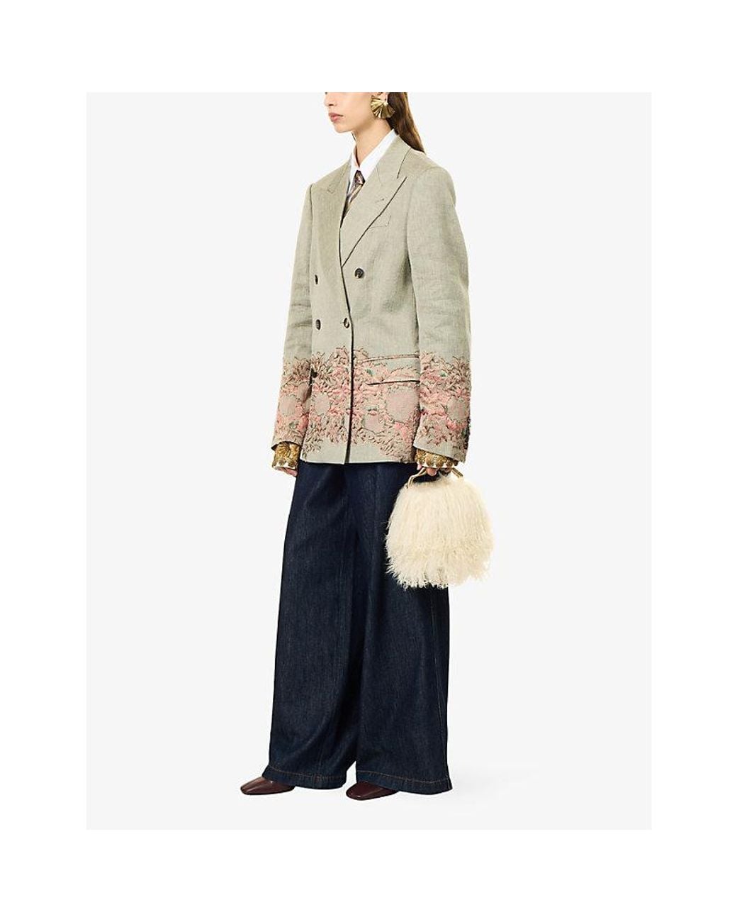 Dries Van Noten Natural Embroidered Double-Breasted Linen-Blend Blazer