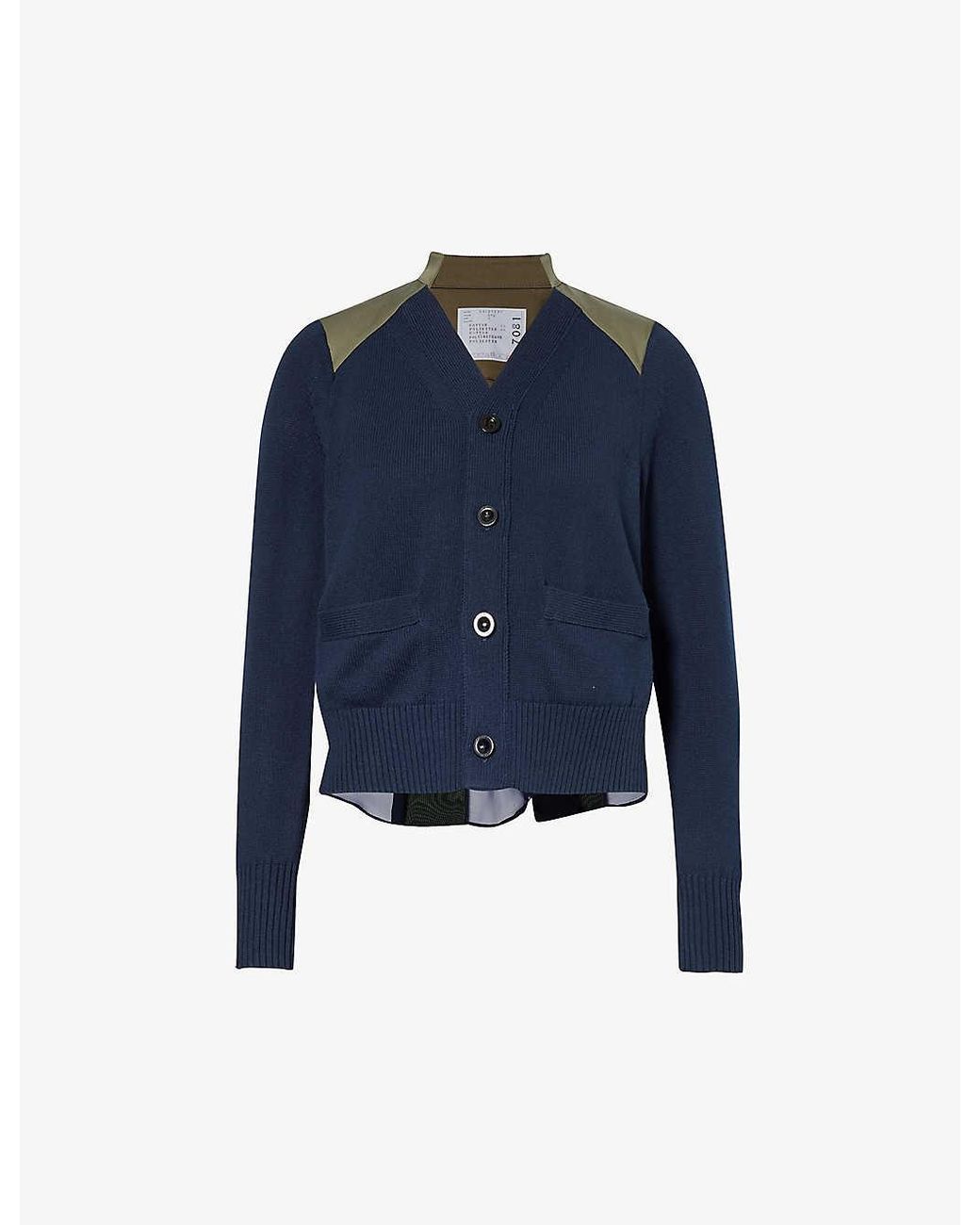 Sacai V neck Pleated back Cotton Cardigan in Blue Lyst UK