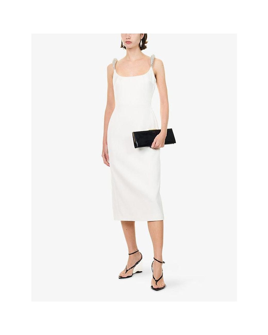 David Koma White Scoop-Neck Crystal-Embellished Crepe Midi Dress