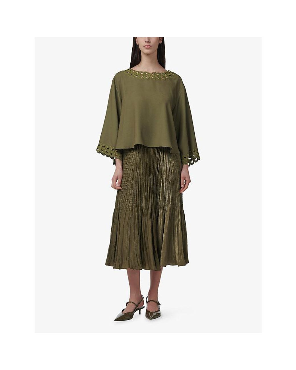 eem Green Pleated Elasticated-Waist Woven Midi Skirt