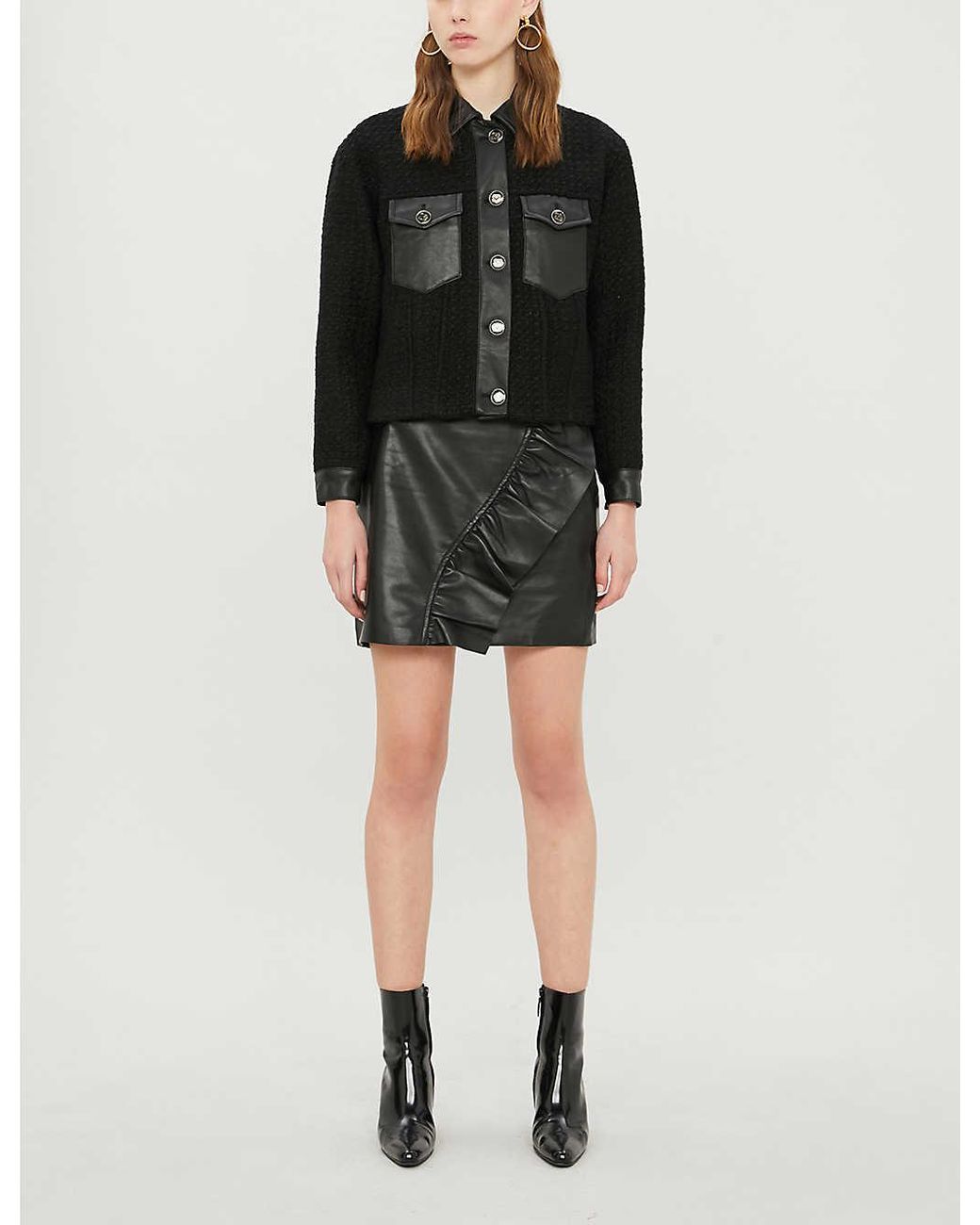 Sandro Cropped Leather-trim Boucle Jacket in Black | Lyst