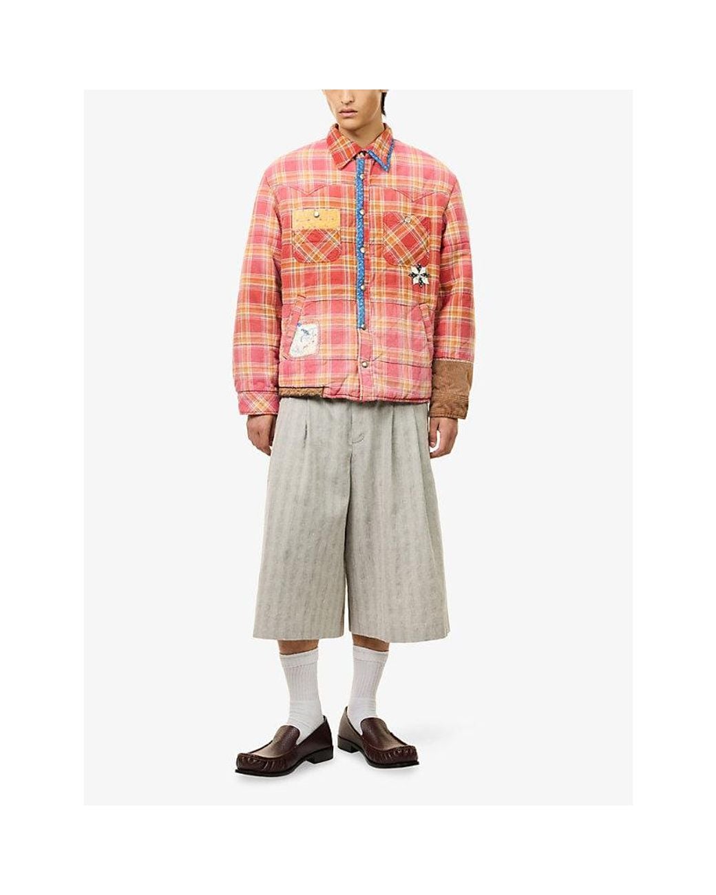 KHOKI Pink Check-Print Patchwork Cotton Jacket for men