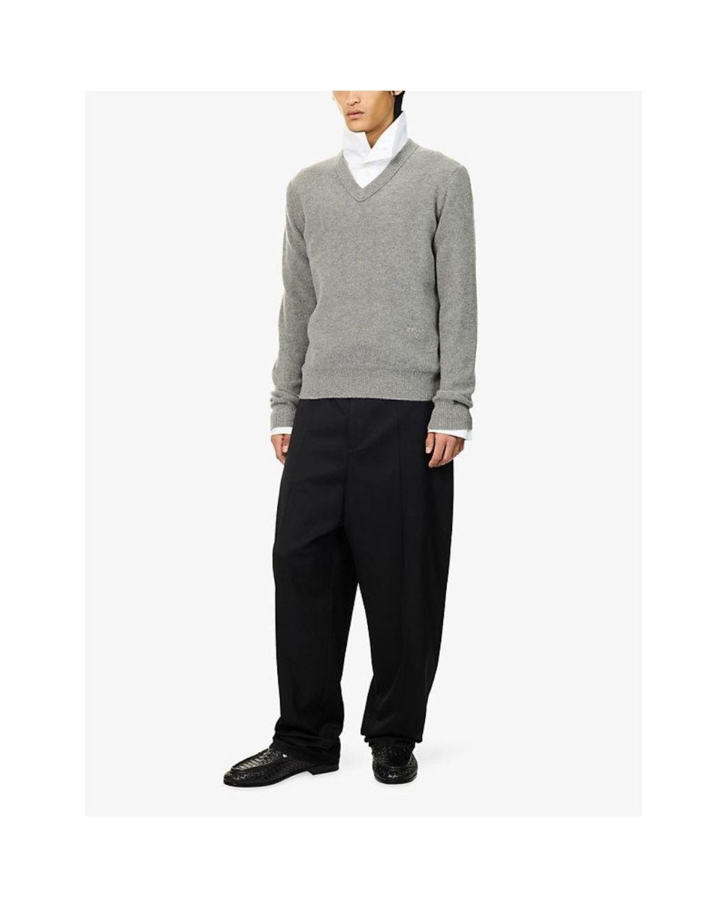 Bottega Veneta Gray Embroidered-Logo V-Veck Wool And Cashmere Jumper for men
