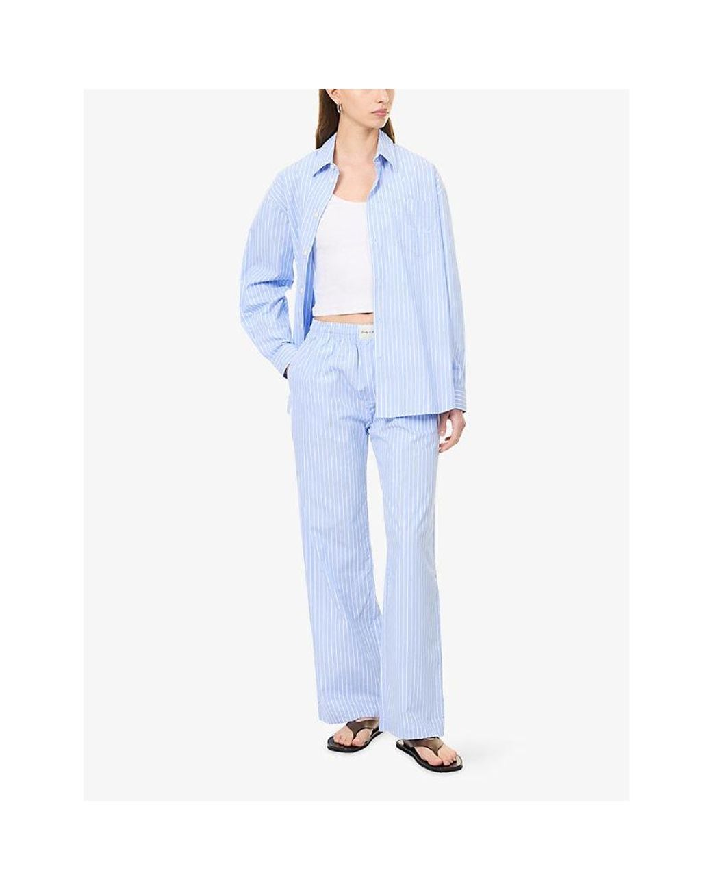 Sporty & Rich Blue Brand-Patch Striped Cotton Pyjama Trousers