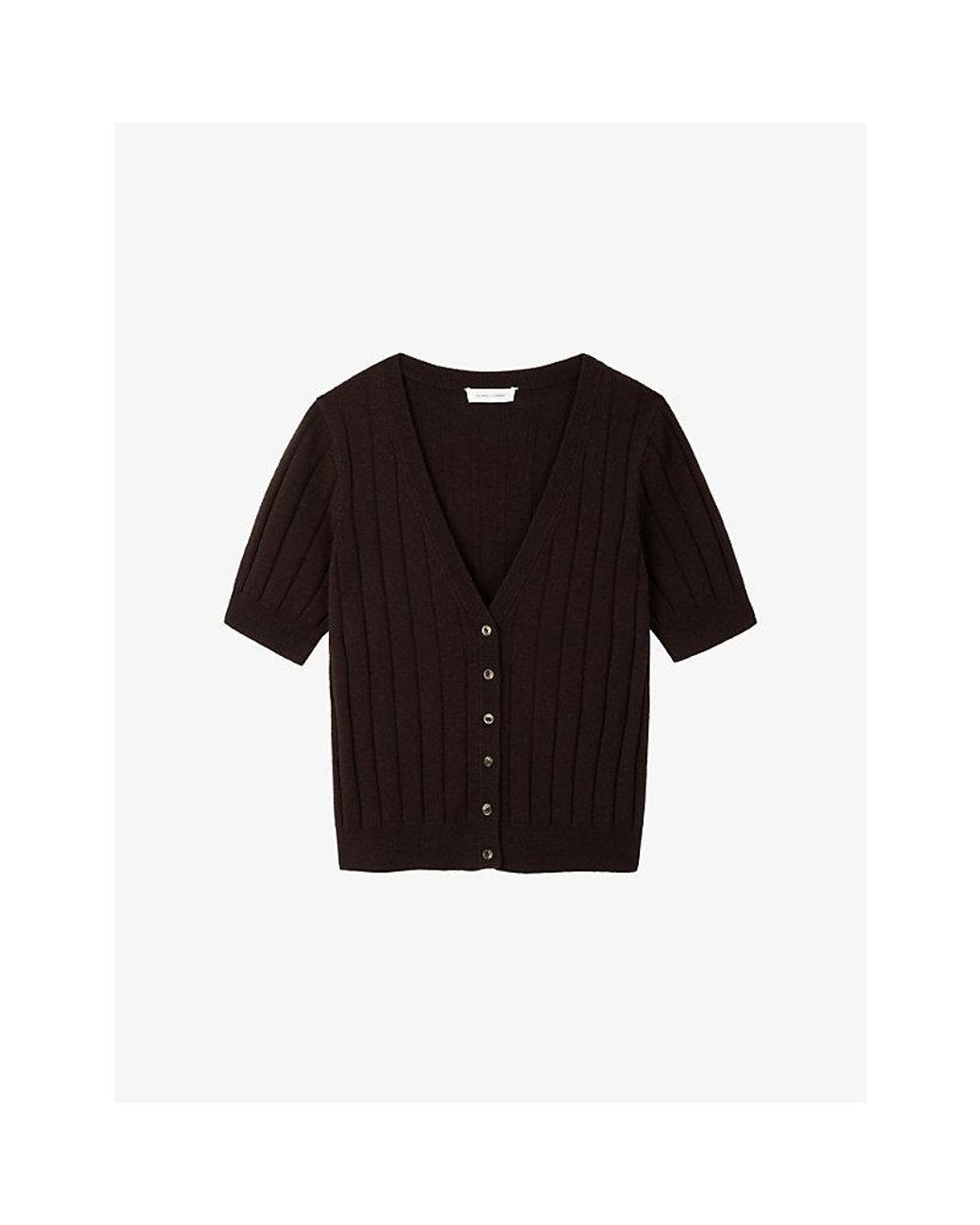 The White Company Black Short Sleeve Ribbed Wool-Blend Cardigan