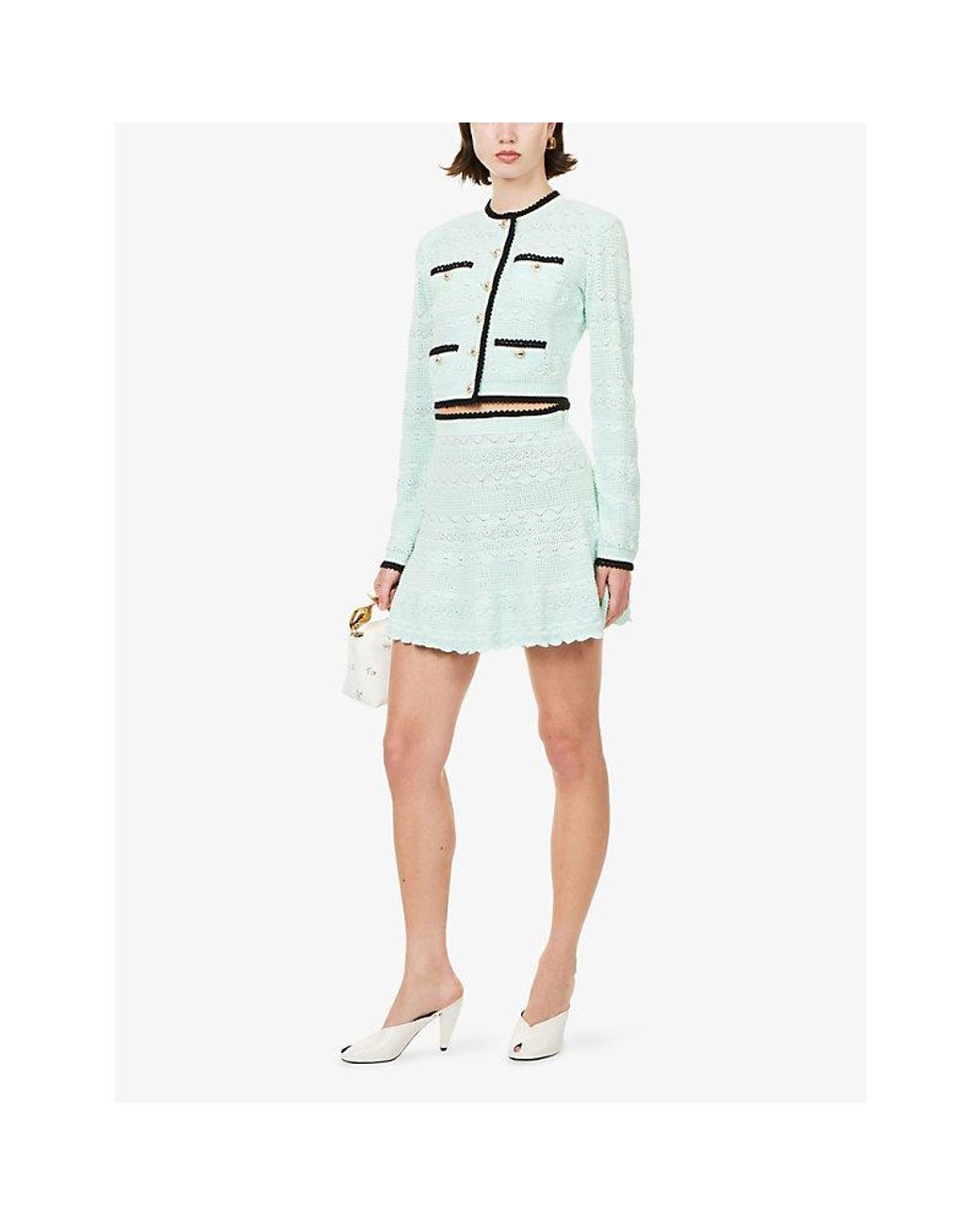 Self-Portrait Blue Flared Pointelle Cotton-Knit Mini Skirt