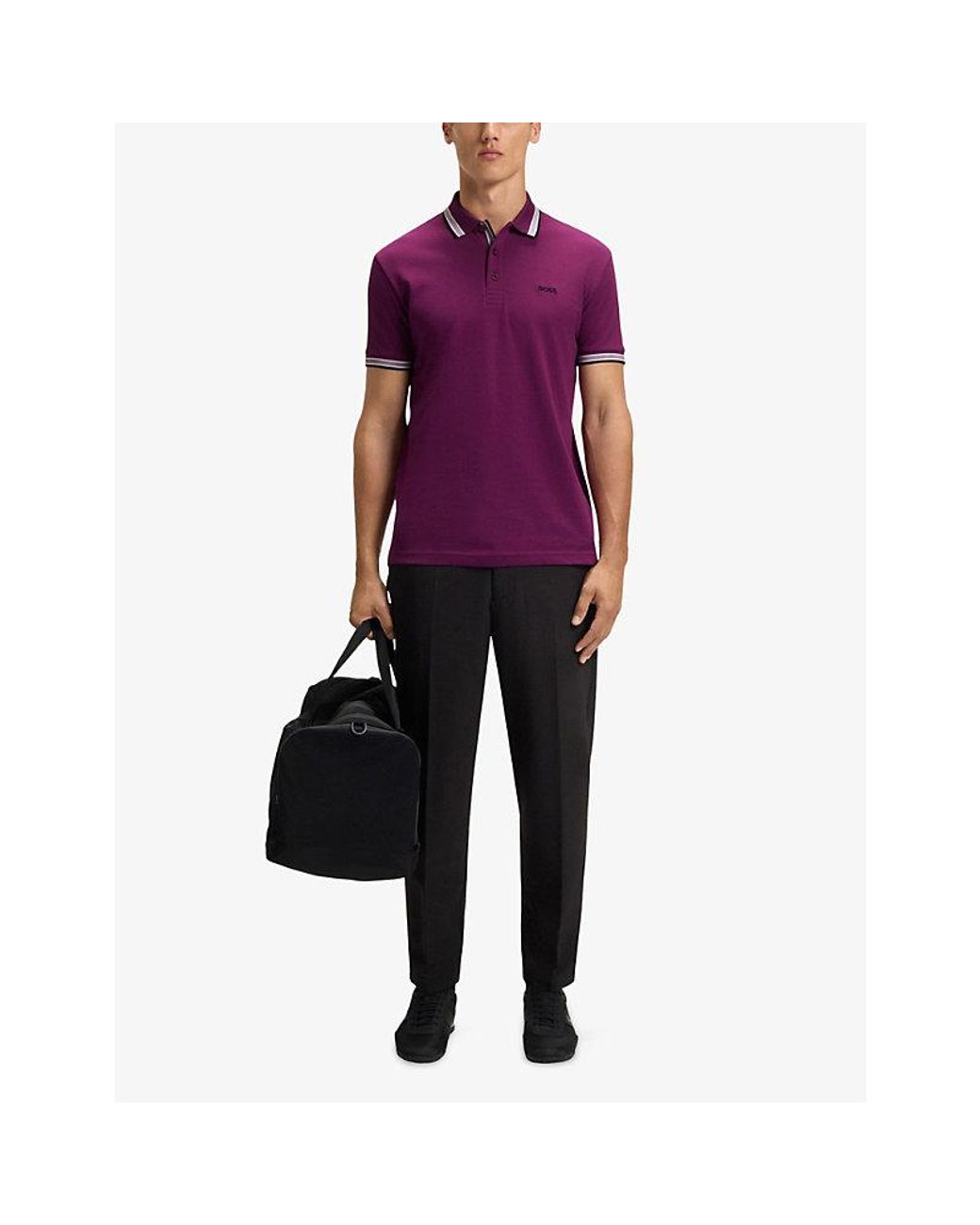 Boss Purple Brand-Embroidered Striped-Trim Cotton-Piqué Polo Shirt for men