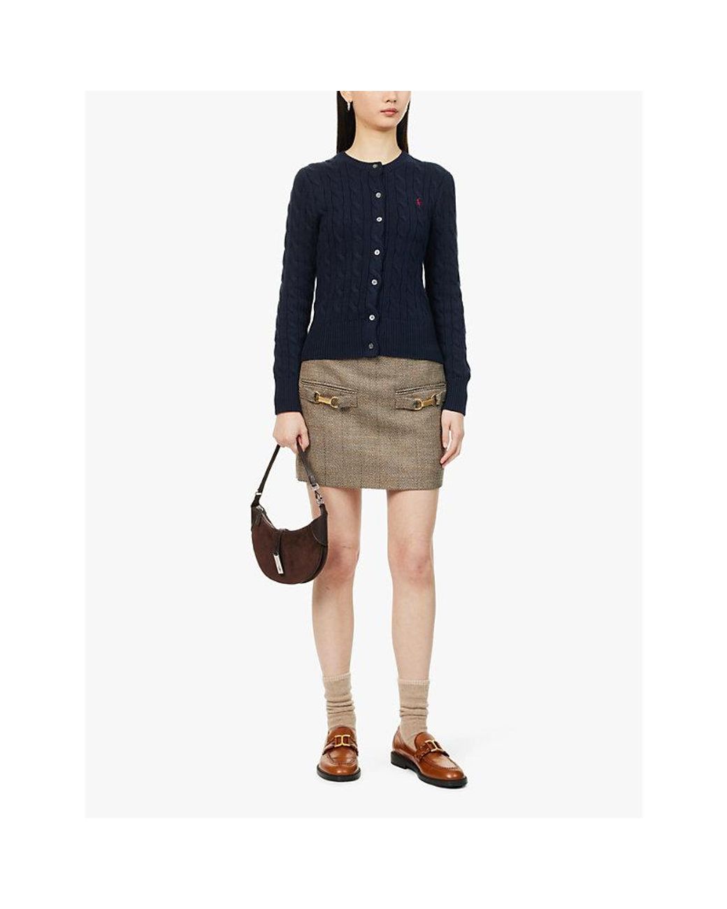 Polo Ralph Lauren Blue Brand-Embroidery Cable-Knit-Pattern Cotton Cardigan
