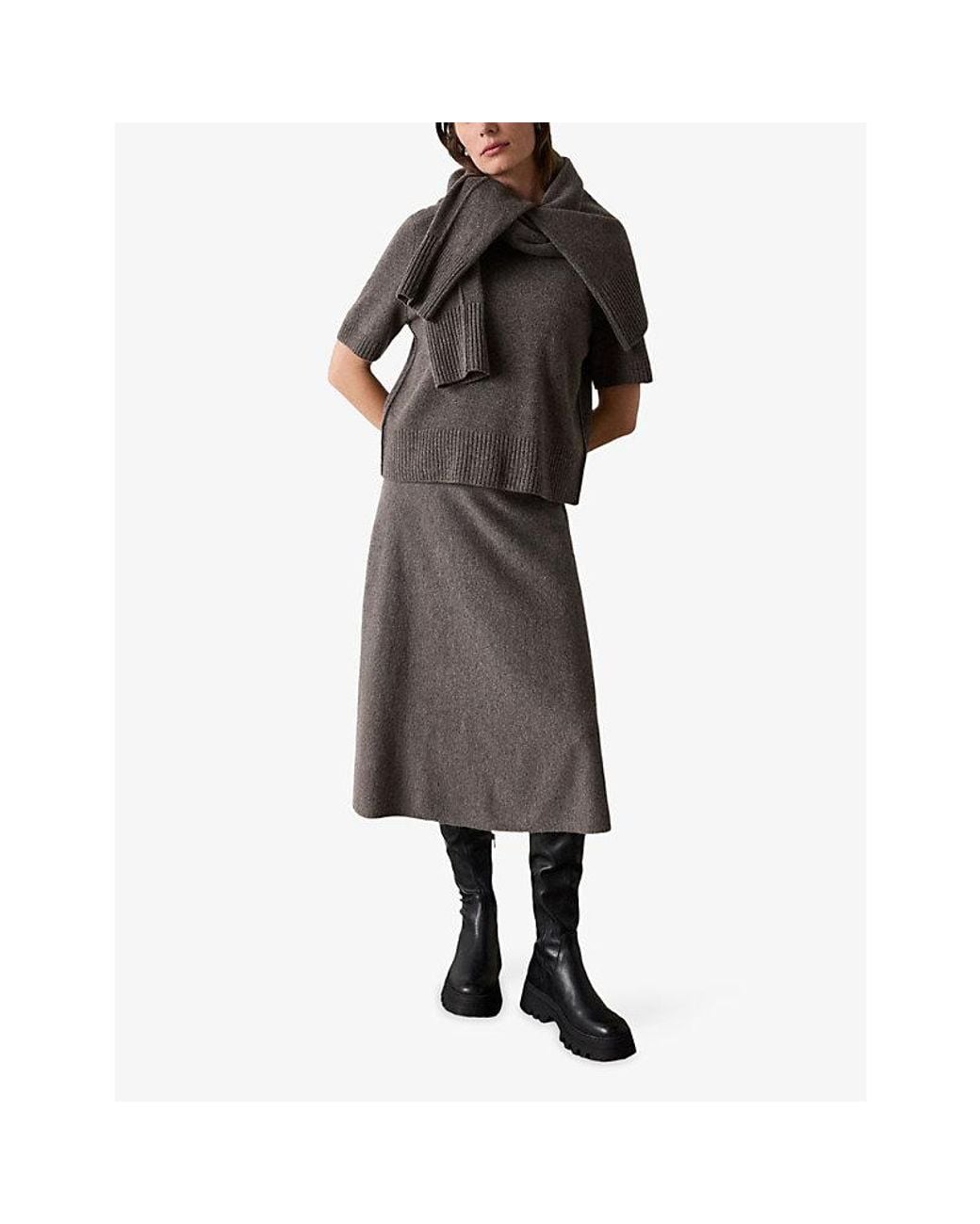 Whistles Gray A-Line Regular-Fit Knitted Wool Midi Skirt