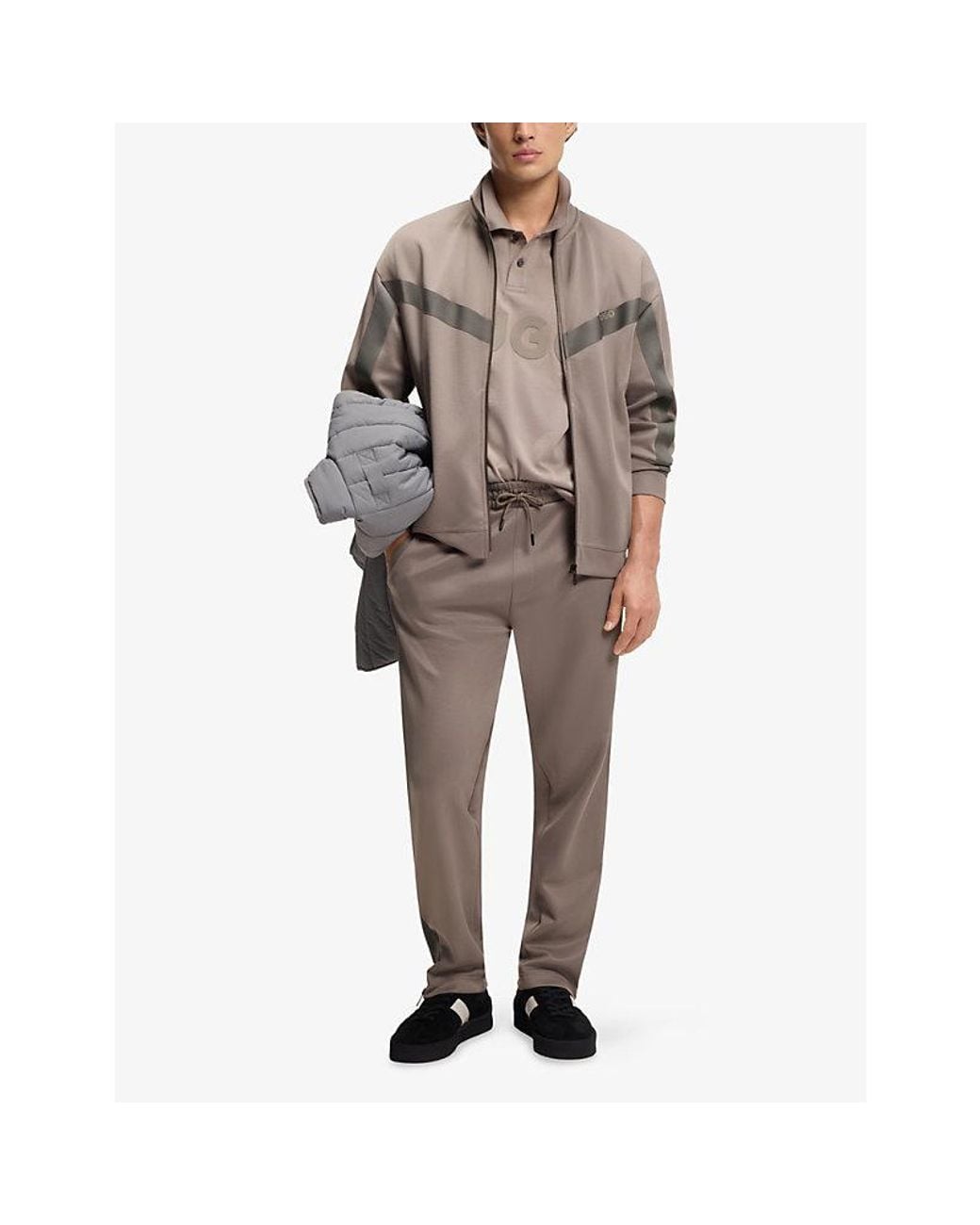 HUGO Brown Logo-Print Relaxed-Fit Woven Tracksuit Top for men