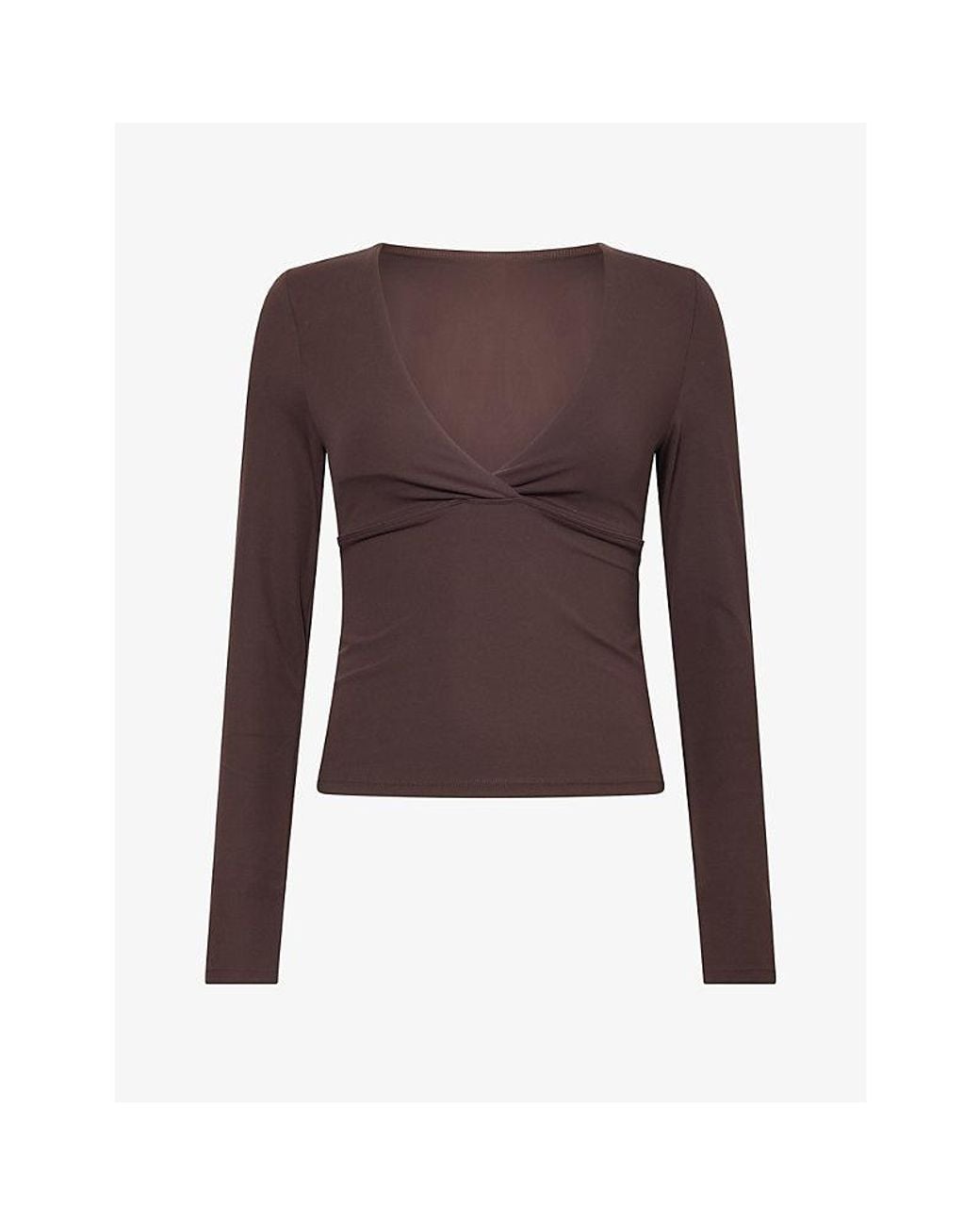 WE Are Tala Brown Dayflex V-Neck Stretch-Woven Top