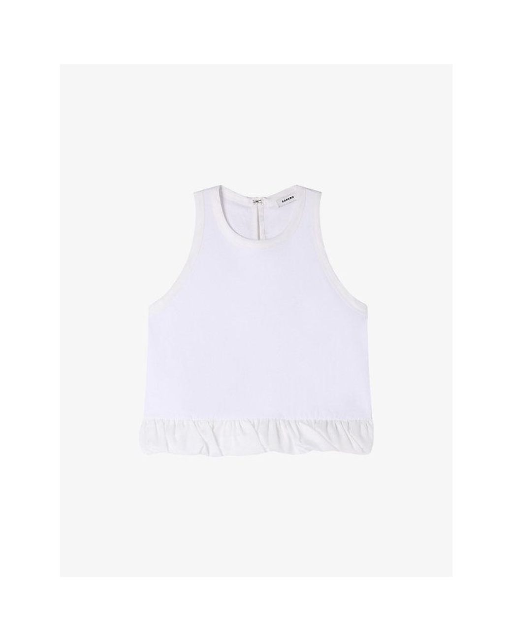 Sandro White Bow-Back Ruffle-Hem Cotton Top