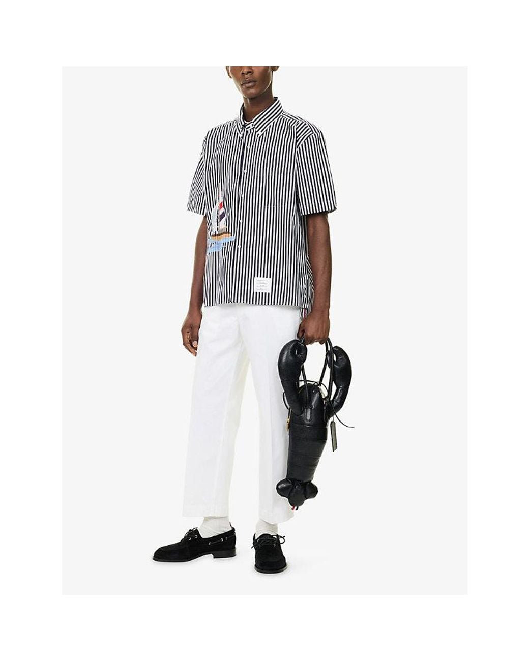 Thom Browne Blue Sailboat-Embroidered Striped Cotton Shirt for men