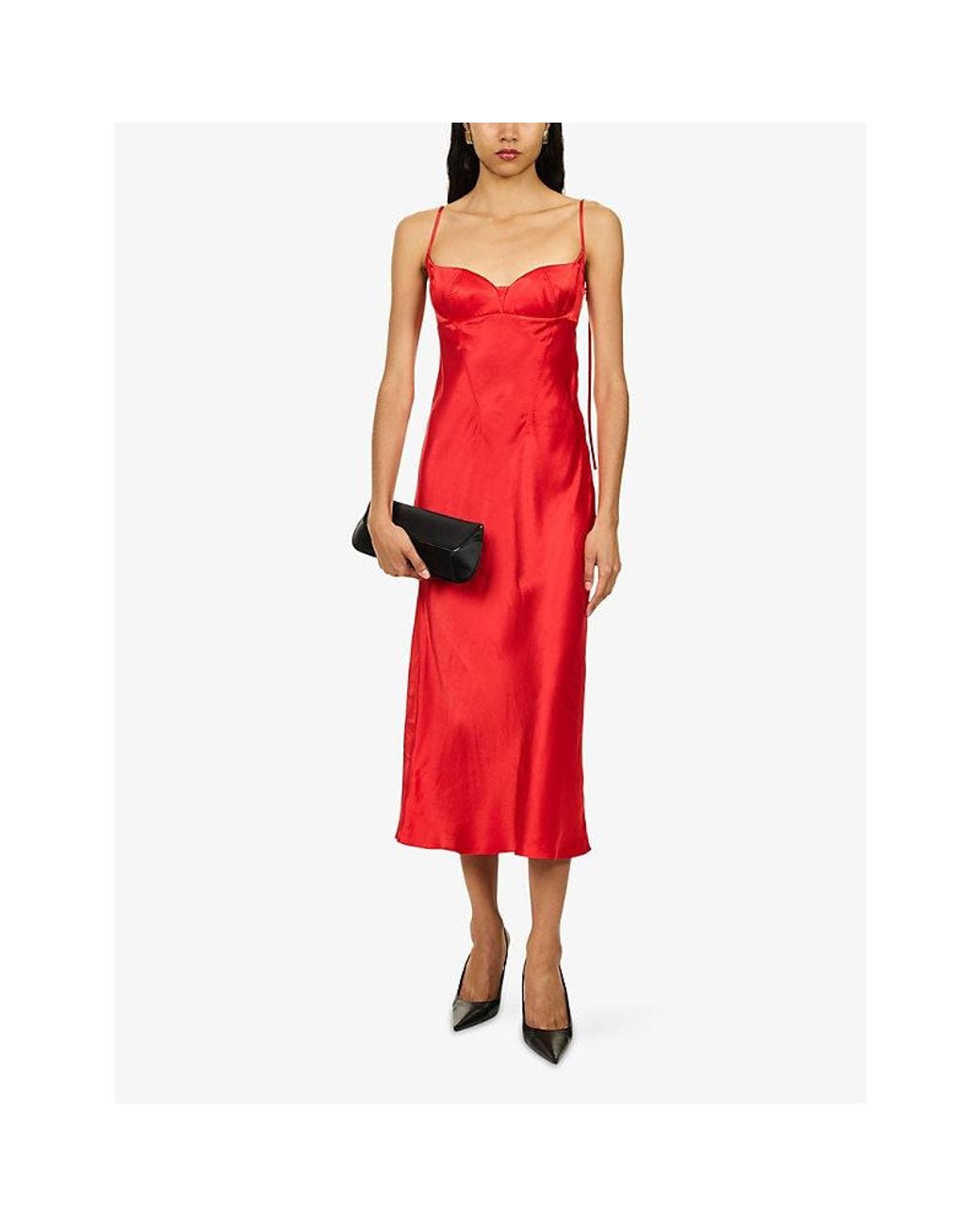 Anna October Red Sculpted Bodice Satin Midi Dress