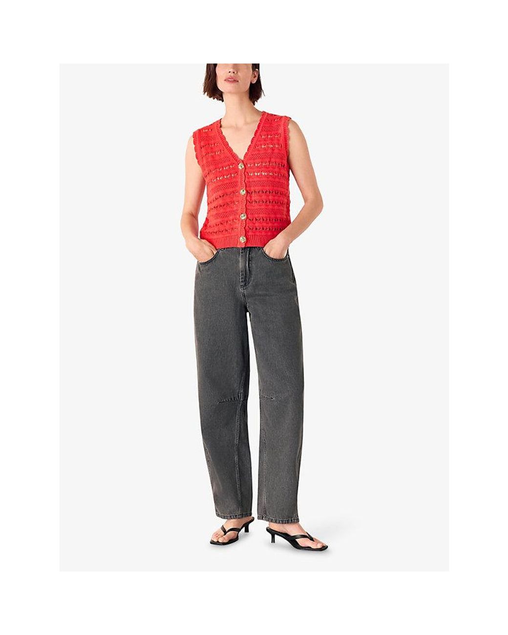 Whistles Red Pointelle V-Neck Button-Down Cotton Tank