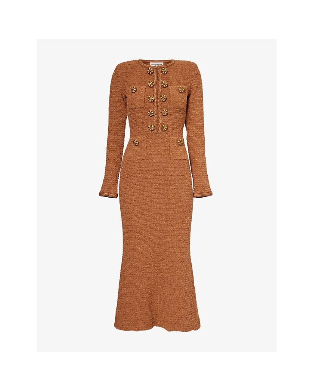 Self-Portrait Sequin Textured Knitted Midi Dress in Brown | Lyst