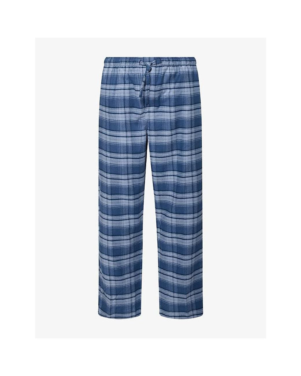 Derek Rose Blue Kelburn Check Brushed Cotton Lounge Trousers for men