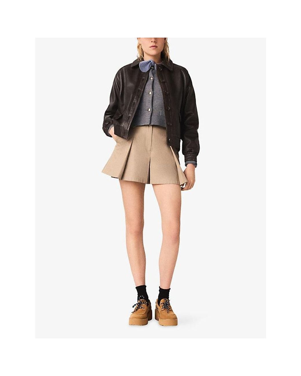 Maje Brown Button-Up Cropped Leather Jacket