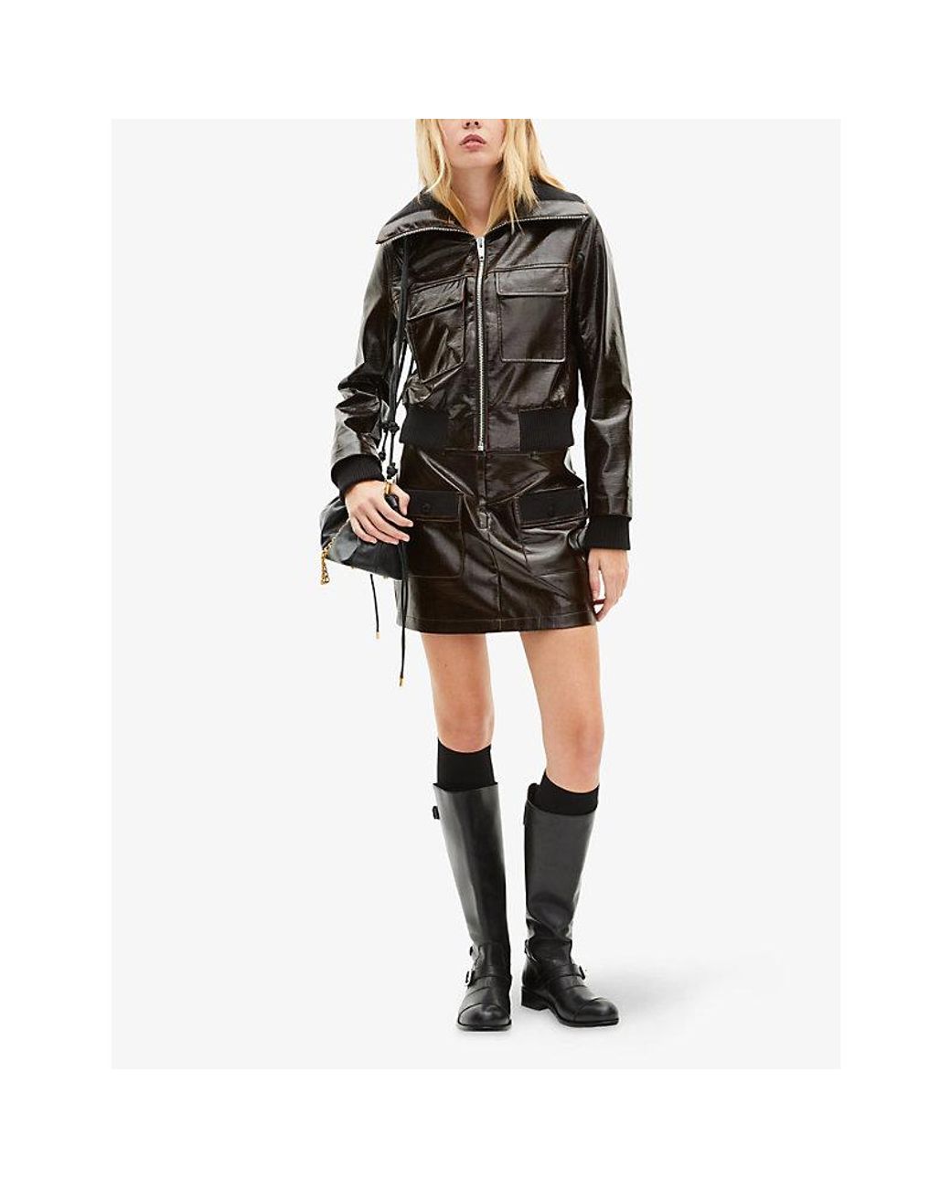 The Kooples Black Flap-Pocket Vinyl-Effect Woven Jacket