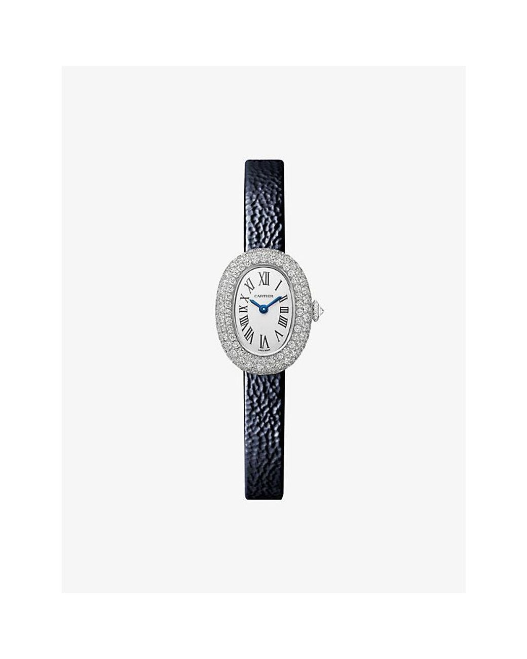 Cartier Blue Baignoire Mini 18Ct- Rhodium-Plated, 1.9Ct Brilliant-Cut Diamond And Leather Quartz Watch 24.6Mm
