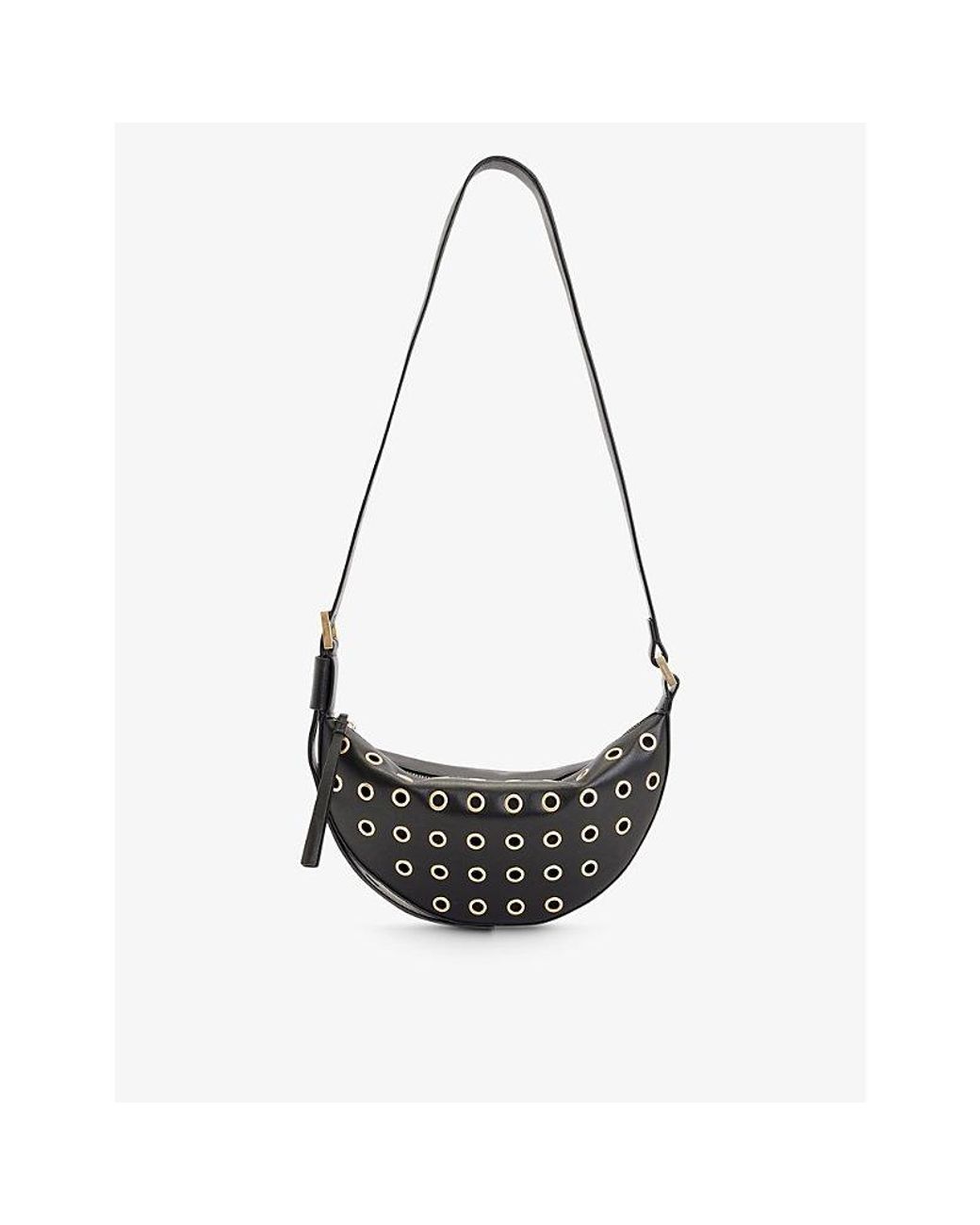 AllSaints Halfmoon Goldtoned Eyelet Leather Crossbody Bag in Black
