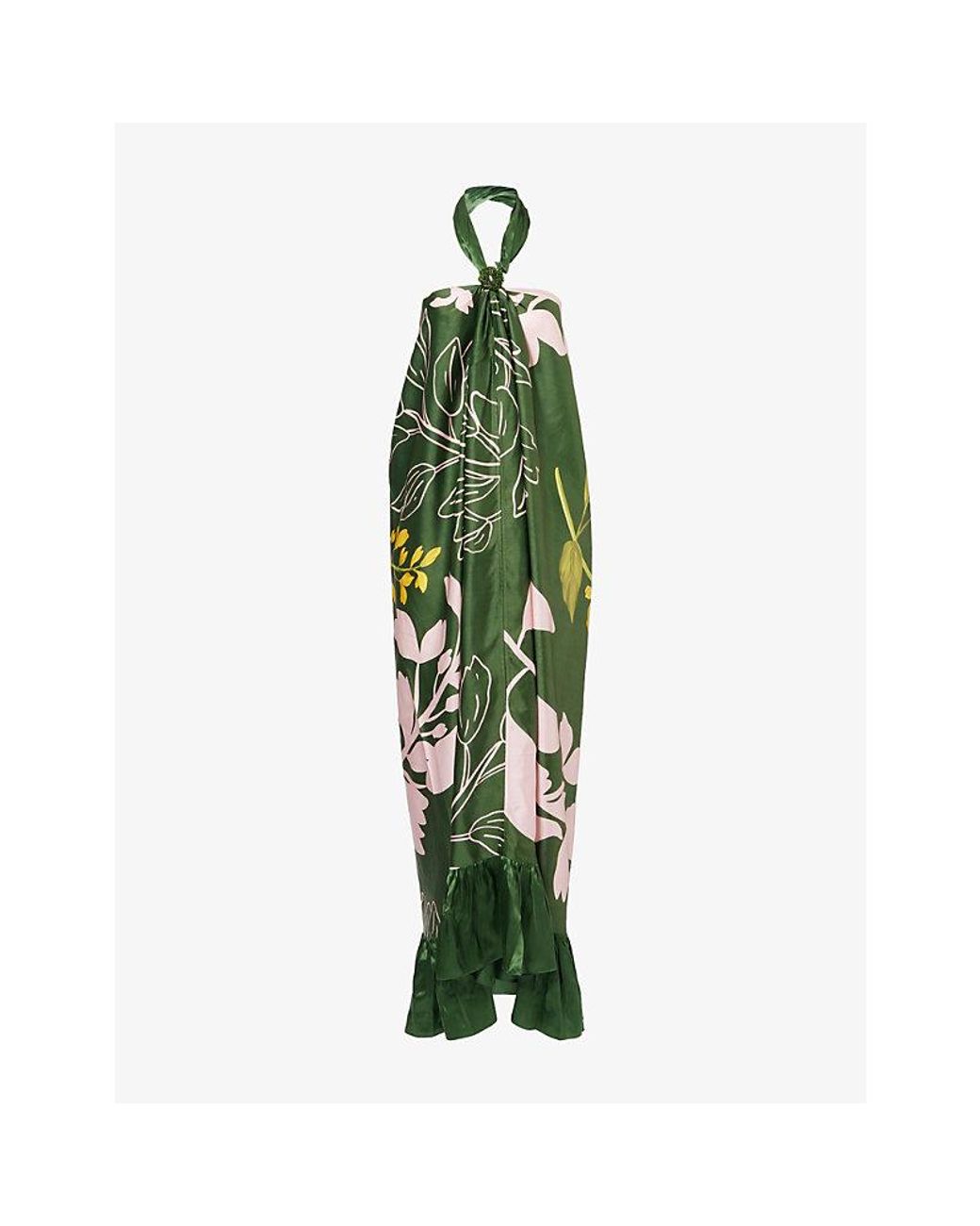 VERANDAH Green Halterneck Wisteria-Print Satin Maxi Dress