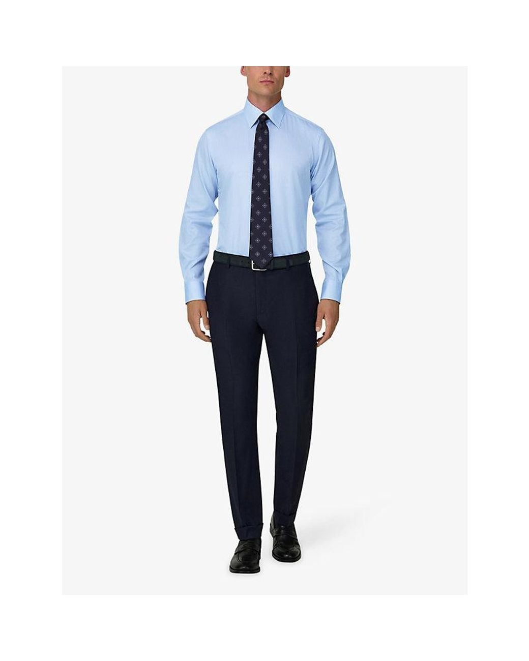 Boggi Blue Herringbone Milano-Collar Cotton Shirt for men