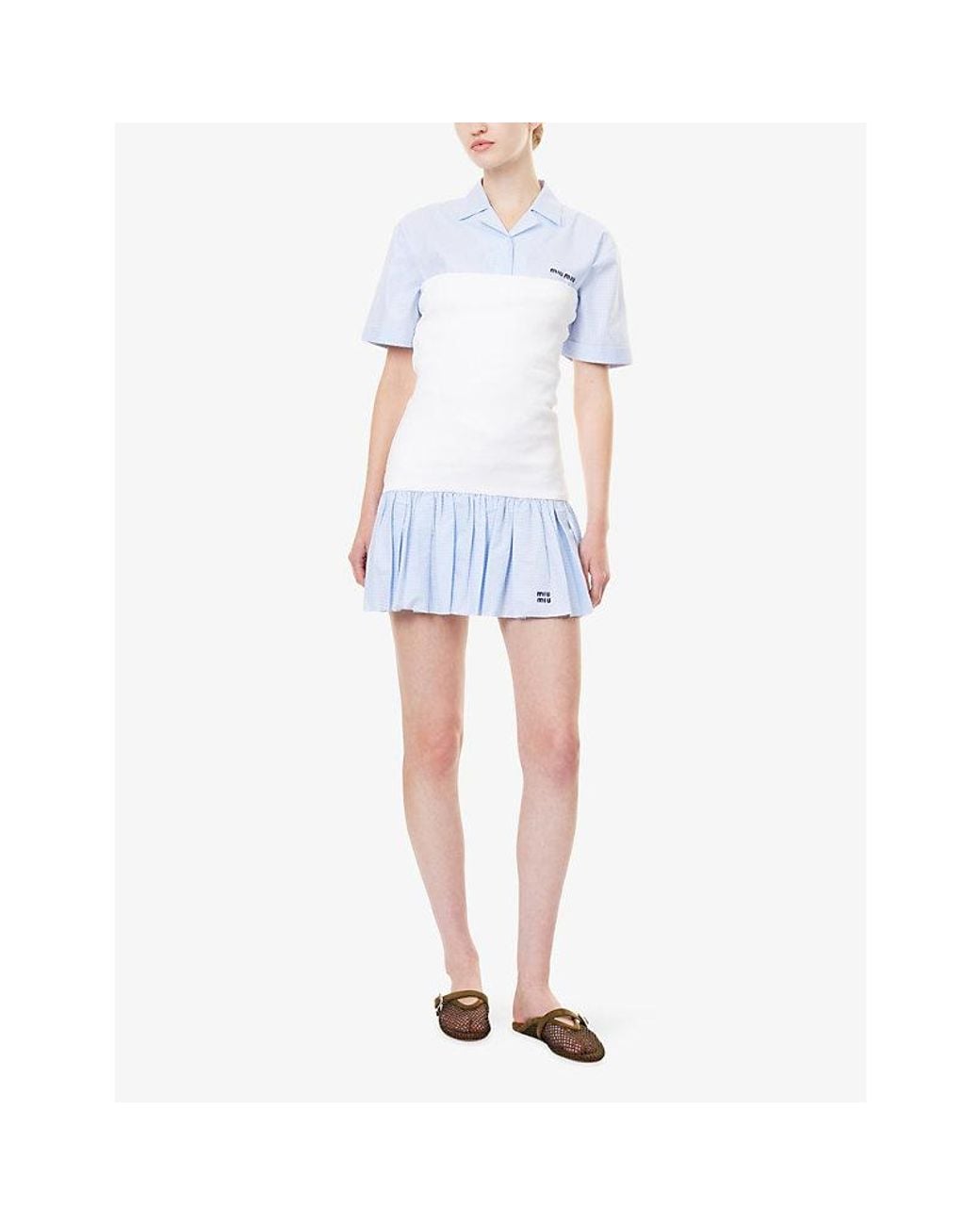 Miu Miu White Embroidered-Logo Gingham Stretch-Cotton Mini Skirt