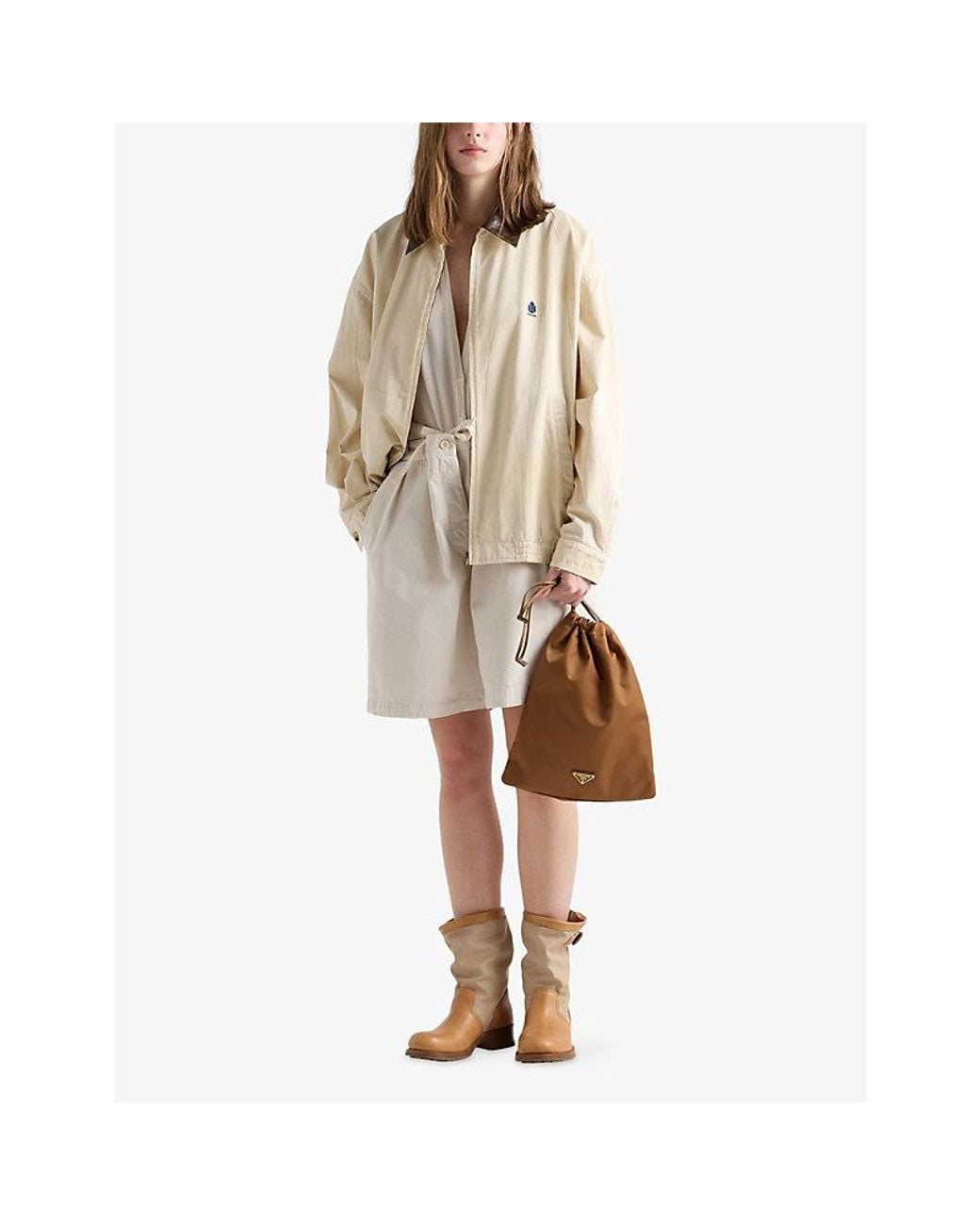 Prada Natural Leather-Collar Cotton-Gabardine Blouson Jacket
