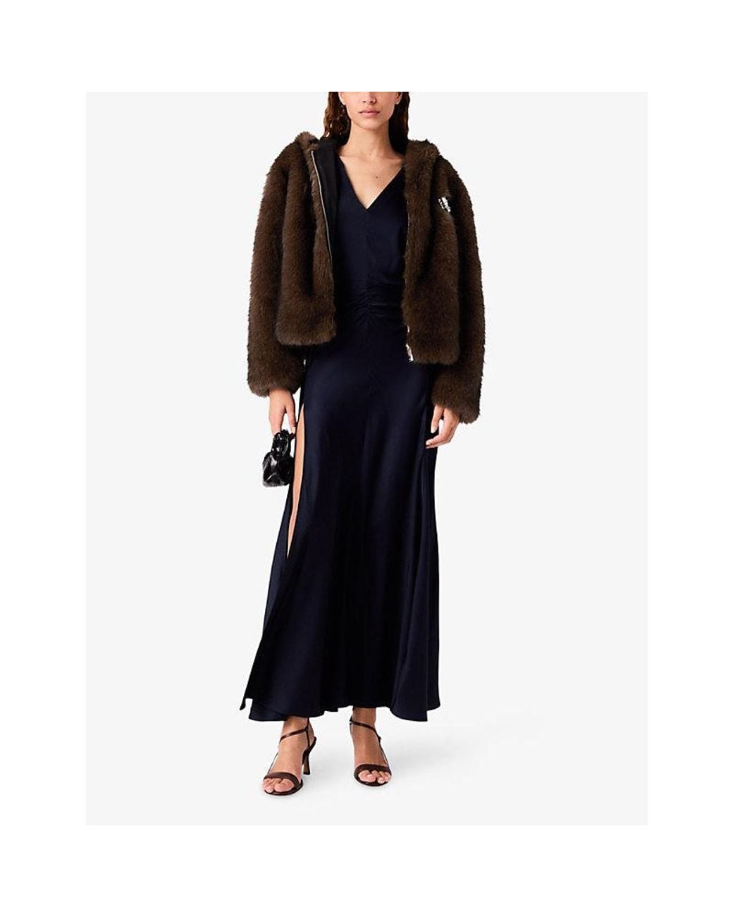 Maje Brown Hooded Relaxed-Fit Faux-Fur Jacket