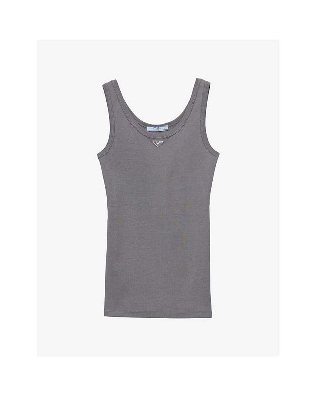 Prada Gray Logo-Plaque Ribbed-Knit Cotton Tank Top