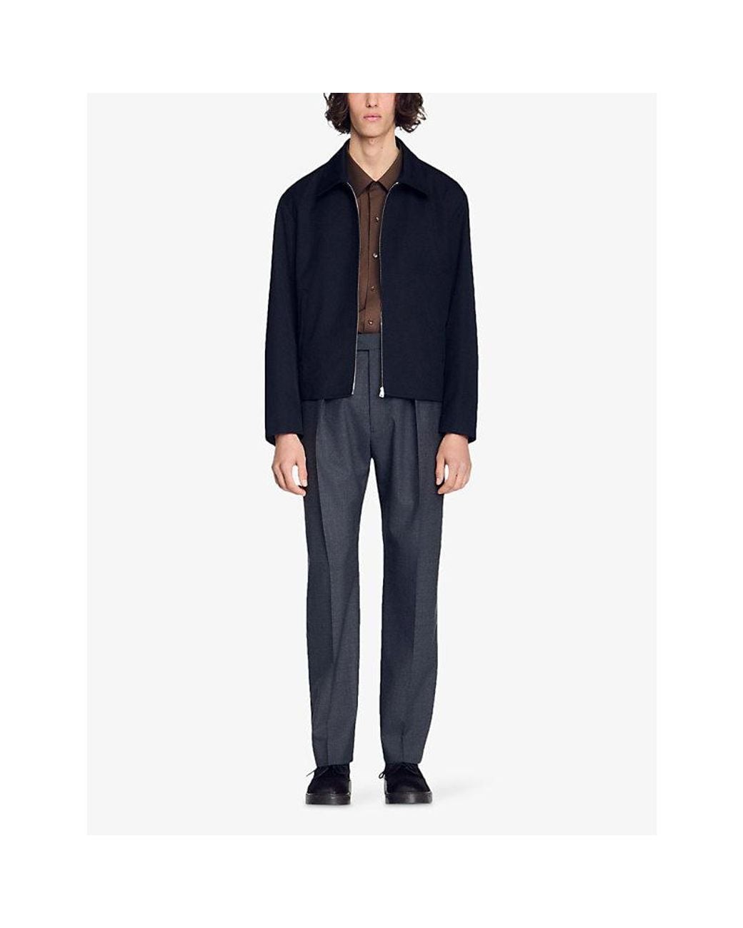 Sandro Blue Minimalist Zip-Up Wool-Blend Jacket for men