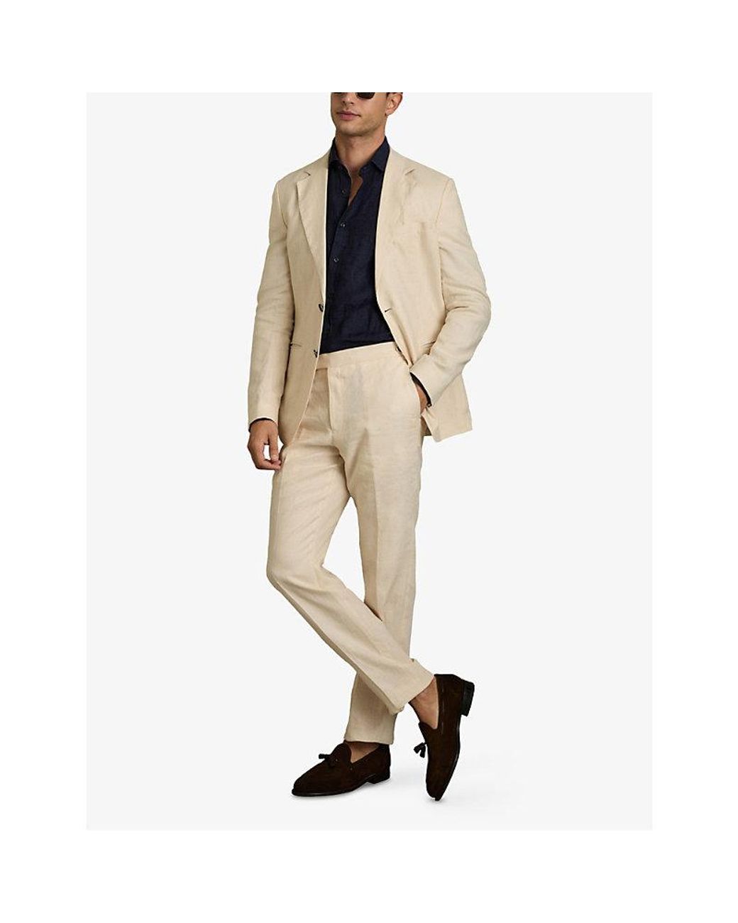 Reiss Blue Ruban Cutaway-Collar Regular-Fit Linen Shirt for men