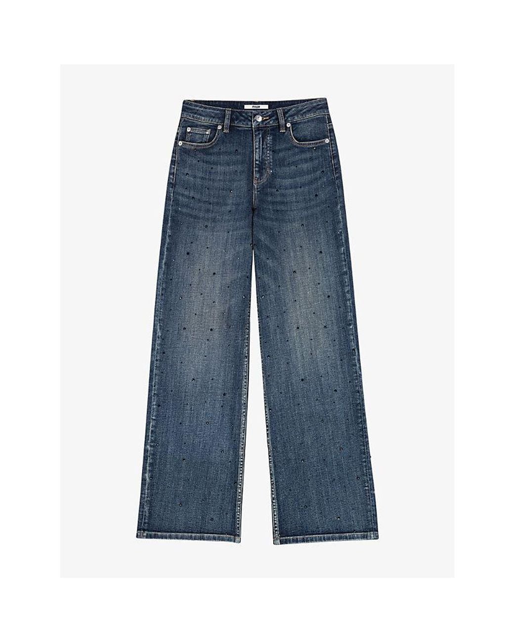 Maje Rhinestone Wide-Leg Stretch-Denim Jeans in Blue | Lyst
