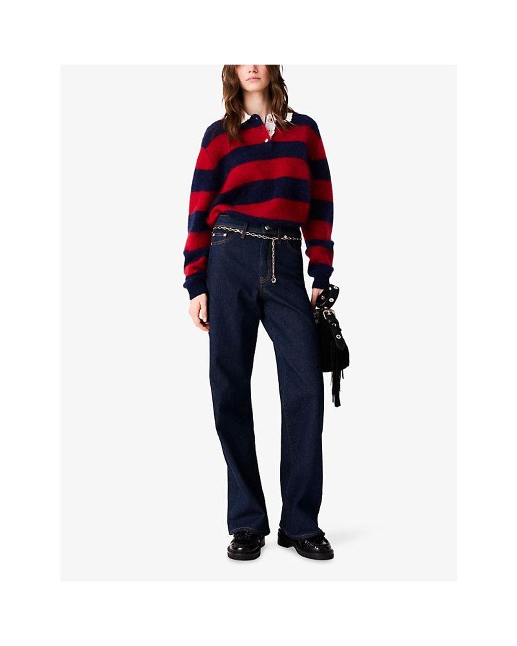 Maje Blue Chain-Belt Wide-Leg High-Rise Stretch-Denim Jeans