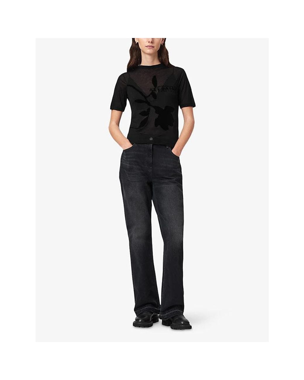 AllSaints Black Athea Sheer Graphic-Print Woven T-Shirt