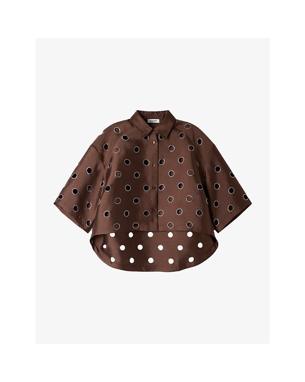 Sandro Brown Rhinestone-Embellished Cut-Out Cropped Woven Shirt
