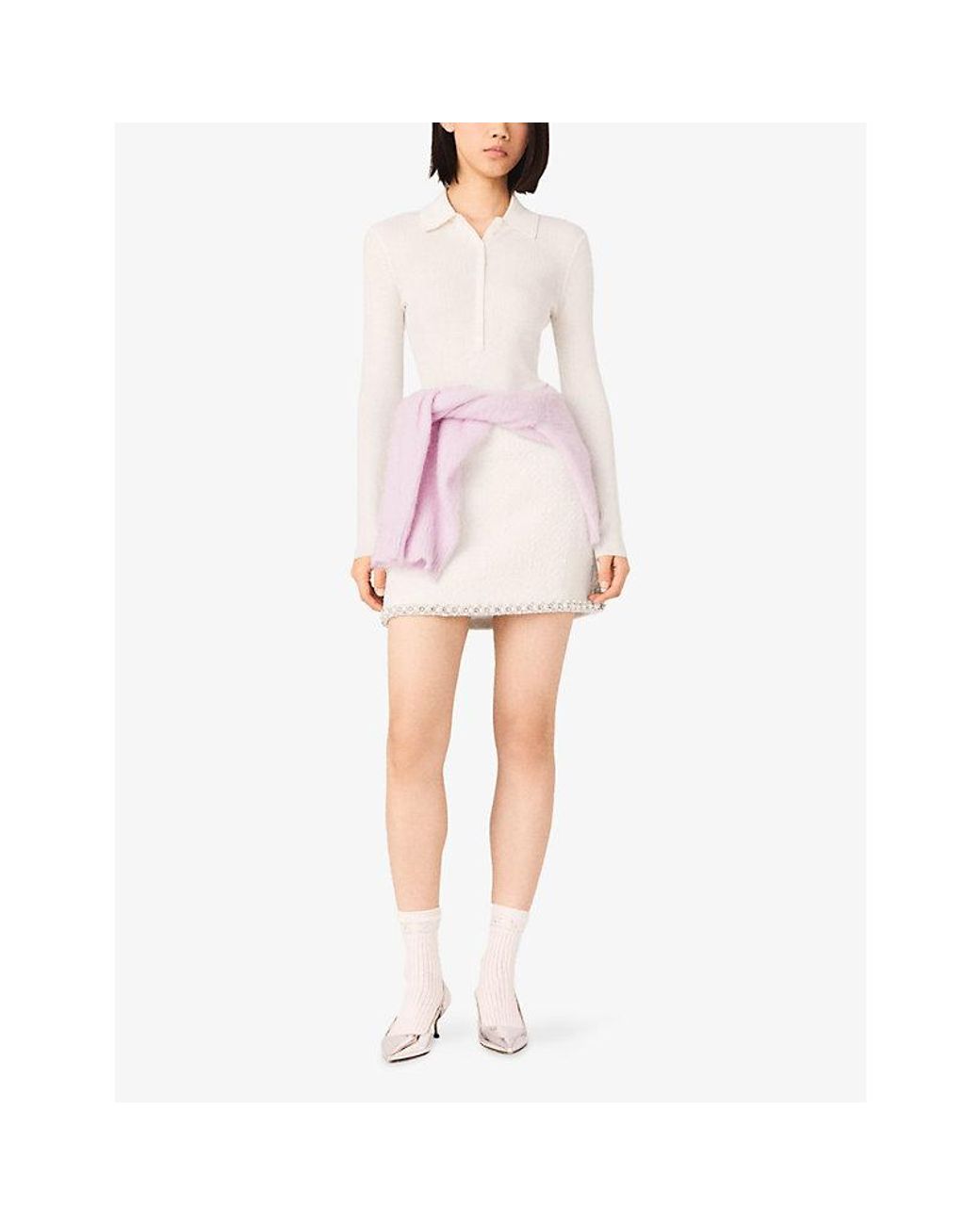 Maje White Polo-Collar Ribbed Wool And Silk Jumper