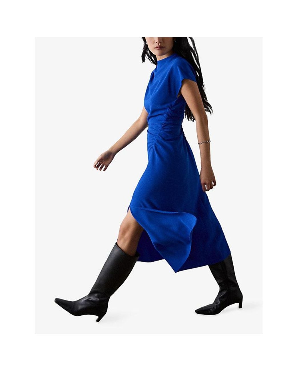 Whistles Blue Ruched Short-Sleeved Crepe Midi Dress
