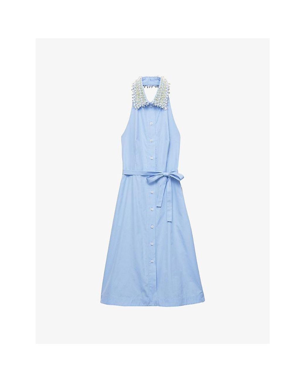 Prada Blue Embroidered-Collar Halter Cotton Poplin Shirt Dress
