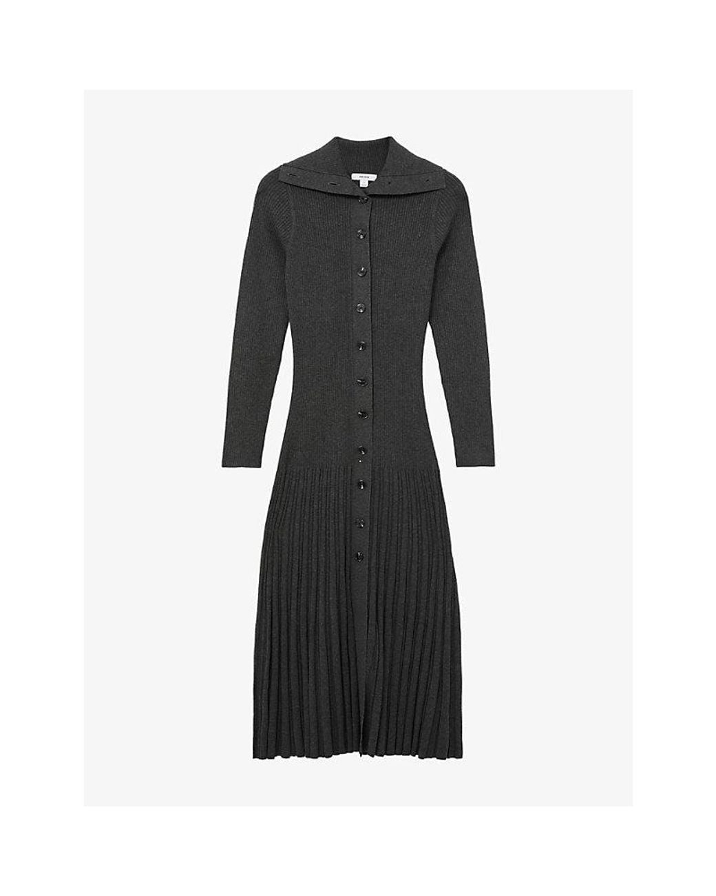 Reiss Black Nova Pleated-Skirt Stretch-Knit Midi Dress